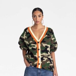 Camouflage V-Neck Cardigan with Orange Trim